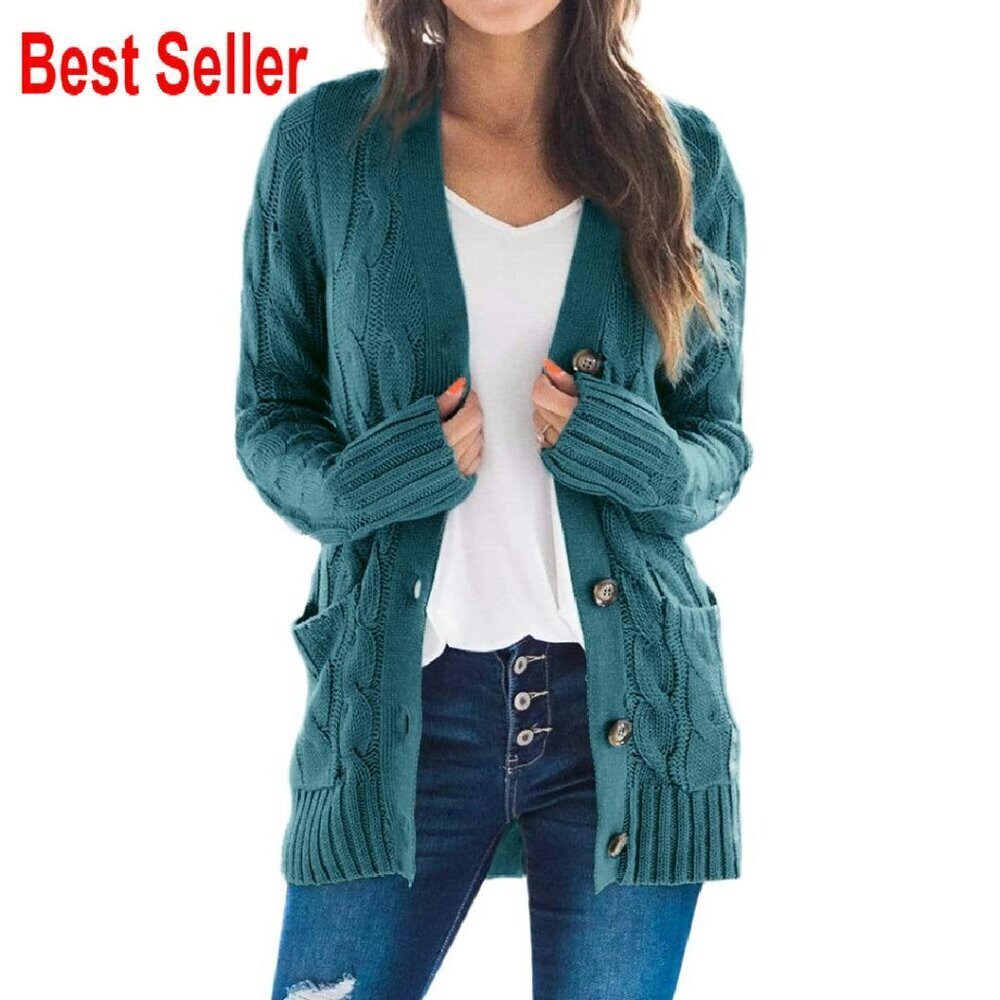 Cable Knit Cardigan Long Sleeve Open Front Button Down Chunky Sweater Coat